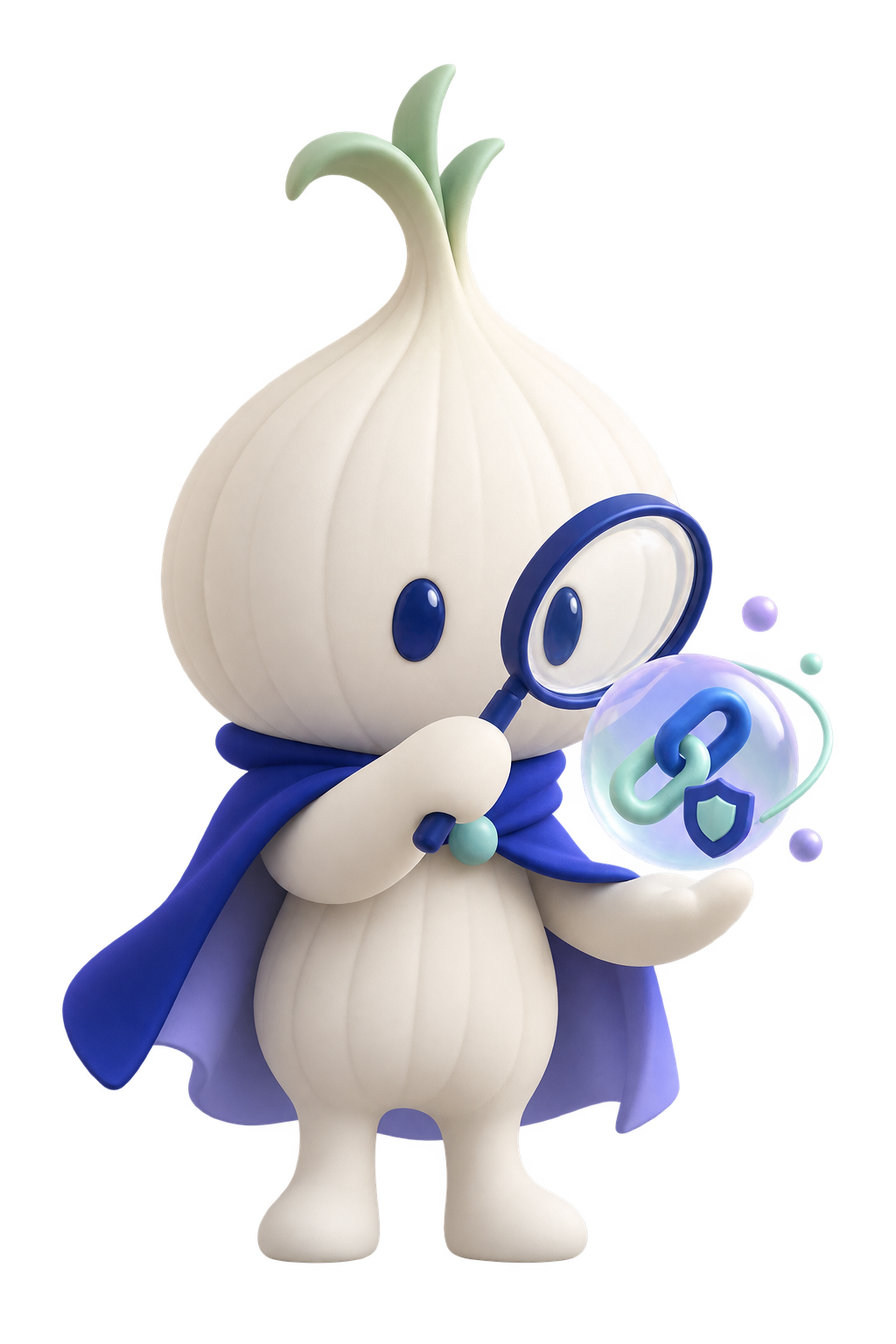 Mascote inspecionando um link protegido com lupa